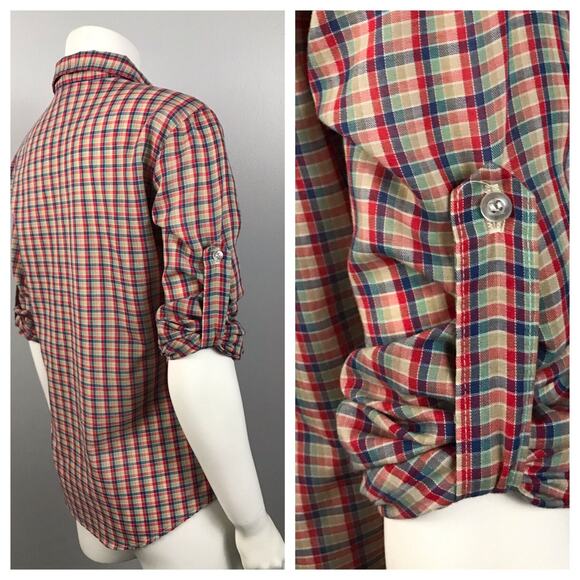 1980s Plaid Button Up Long Short Sleeve Shirt / Women’s Small - Picture 6 of 7